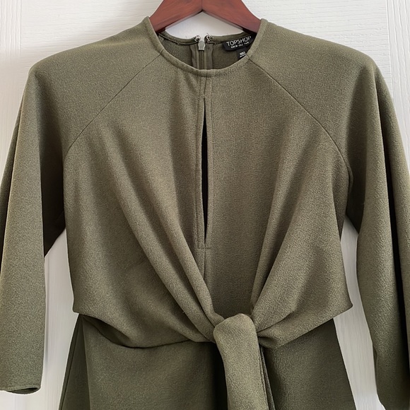 TOPSHOP | Olive Green Bell Flare Sleeve Keyhole Mini Dress US Size 2 - Picture 3 of 8